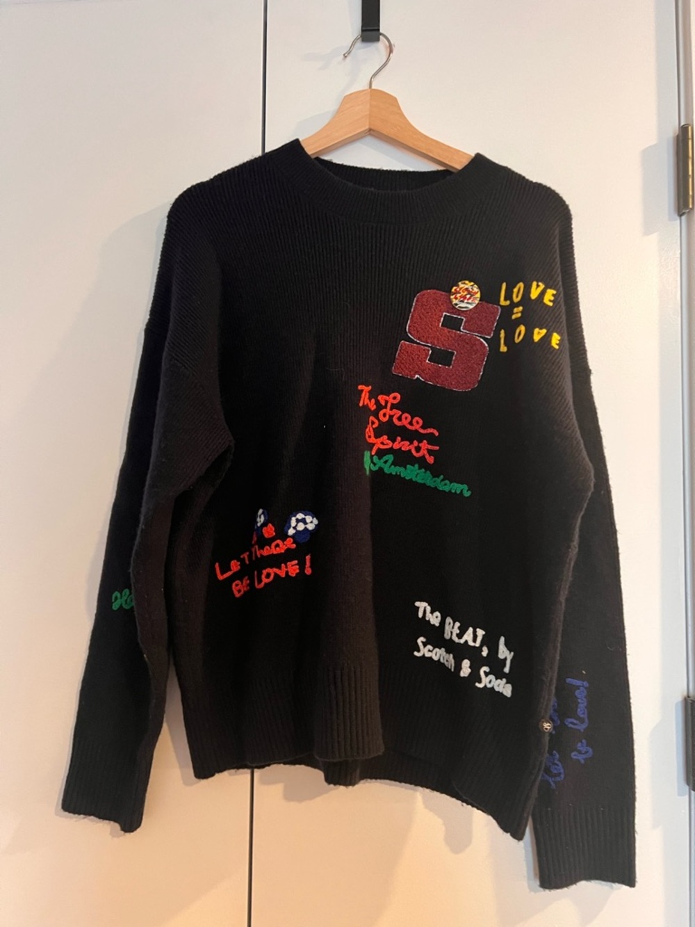 Scotch & Soda Black Crewneck Sweater with Colorful Embroidered Patches